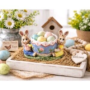 Ceramic Easter Bunny Egg Candy Bowl Planter Farmhouse Spring Tiered Tray Decor